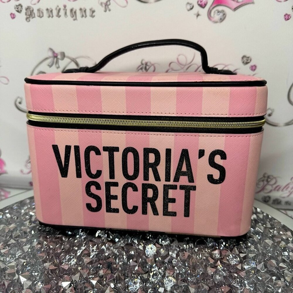 Victoria's Secret Pink Striped Cosmetic Bag hard train case cosmetic makeup